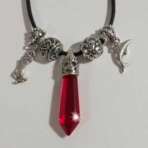 Red Crystal Point Pendant Necklace Silver Tone Charms & Beads, Fashion Jewelry